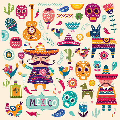 Colorful decorative illustration with Mexican symbols