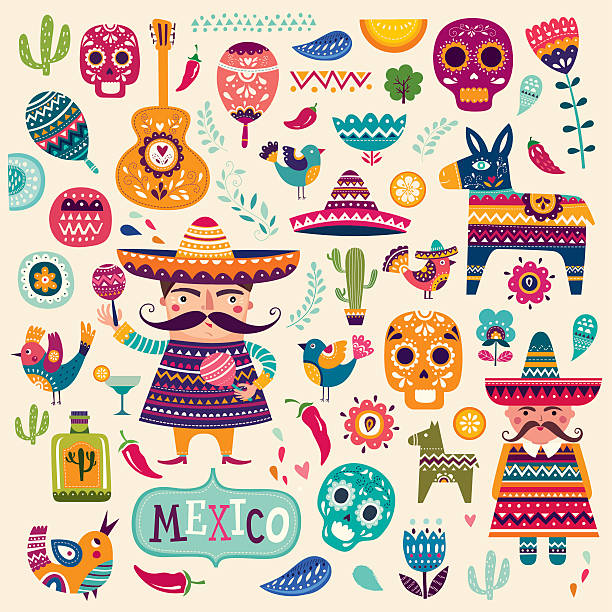 Mexican symbols Colorful decorative illustration with Mexican symbols cactus symbols stock illustrations