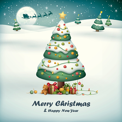 cartoon illustration of christmas tree with santa sleigh on snow field background