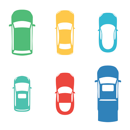 Silhouettes colored cars top view on white background. Vector illustration for print design wrapping paper, web background on your website and promotional materials