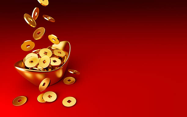 istock Gold Coins Dropping on Gold Sycee - Yuanbao 615417728