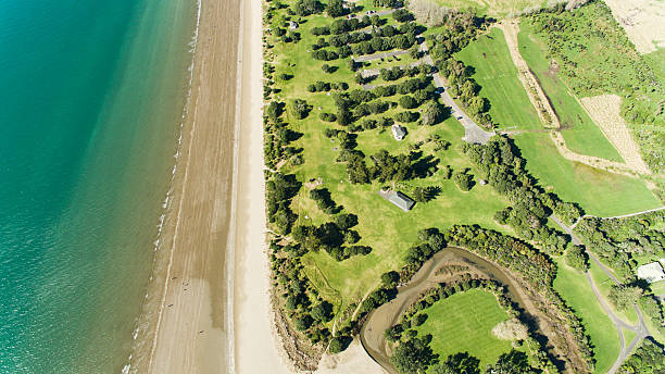 Aerial view Long Bay. Aerial View of long bay looking at Long Bay regional Park and coast line. rangitoto island stock pictures, royalty-free photos & images