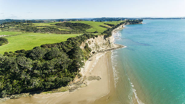 Drone View East Coast Bays, Auckland. Elevated view of east coast bays, Auckland, Nw Zealand. rangitoto island stock pictures, royalty-free photos & images