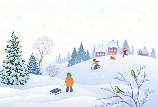 Vector illustration of a winter scene in a small snowy village with playing kids.