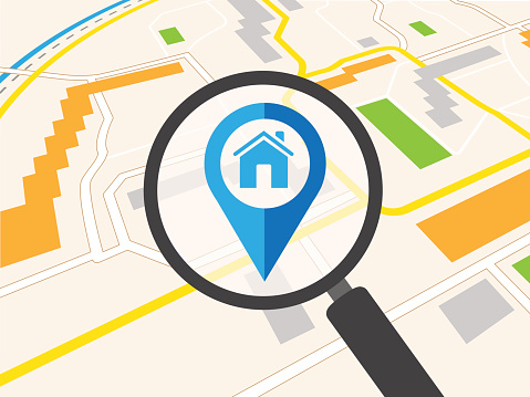 House icon as map pin concept. Map pointer design for real estate.