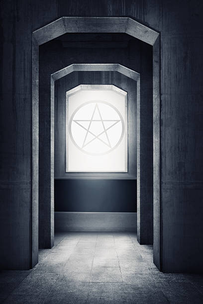 istock White pentagram symbol on the windows 615422112