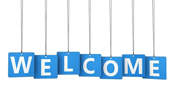 Welcome word and sign on blue paper tags isolated on white background 3D illustration.