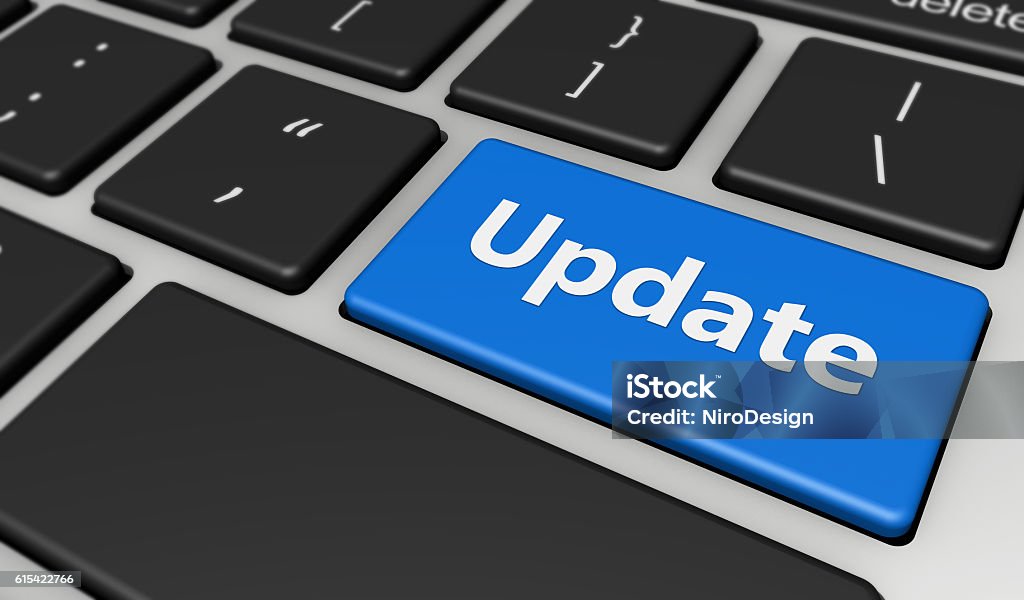 Update Computer Keyboard Update sign and text on a computer keyboard button 3D illustration. Update - Communication Stock Photo