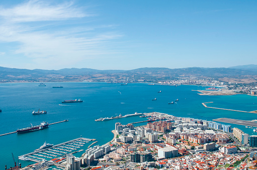 Overall view of Gibraltar city, Gibraltar Bay or Bay of Algeciras.