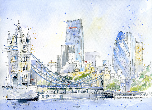 Watercolour skyline of the city of London, with Tower Bridge in the foreground