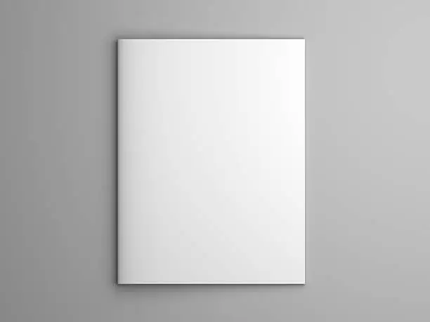 Photo of Blank 3D illustration brochure or magazine isolated on gray.