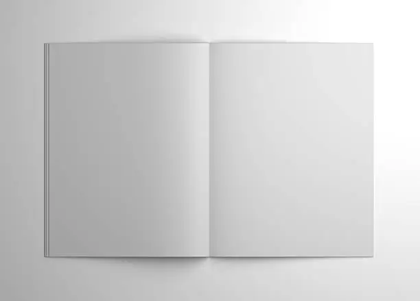 Photo of Blank 3D illustration open brochure or magazine isolated on gray.