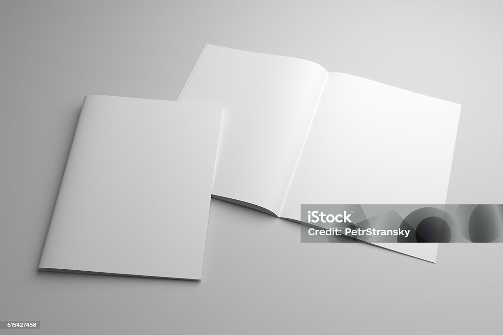 Blank opened 3D illustration magazine mock-up with cover Blank opened magazine mock-up with cover. 3D illustration template. Template Stock Photo