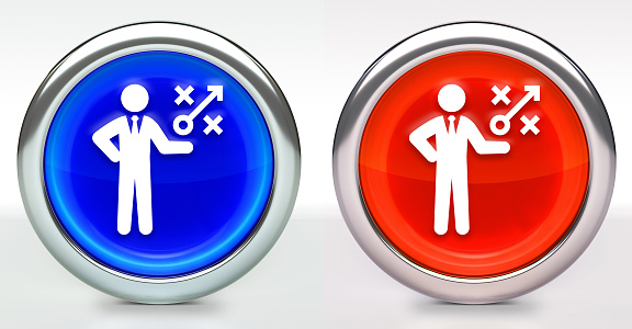 Businessman Gameplan Icon on Button with Metallic Rim. The icon comes in two versions blue and red and has a shiny metallic rim. The buttons have a slight shadow and are on a white background. The modern look of the buttons is very clean and will work perfectly for websites and mobile aps.