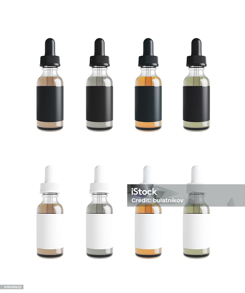 Mockup of Vape bottles with liquid on white background. Template Mockup of Vape bottles with liquid on white background. Template. Cap - Hat Stock Photo