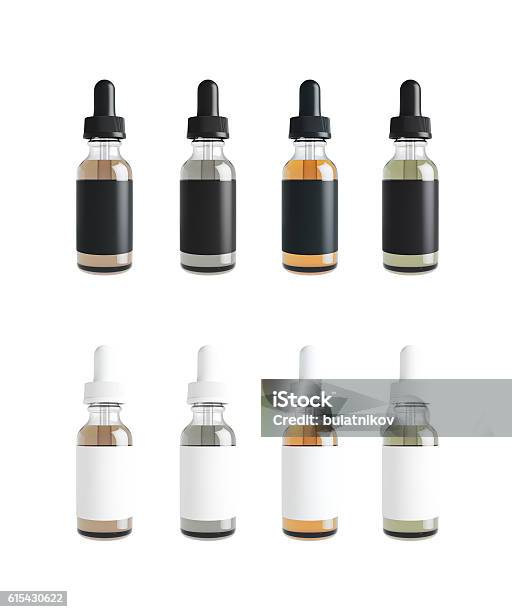 Mockup Of Vape Bottles With Liquid On White Background Template Stock Photo - Download Image Now