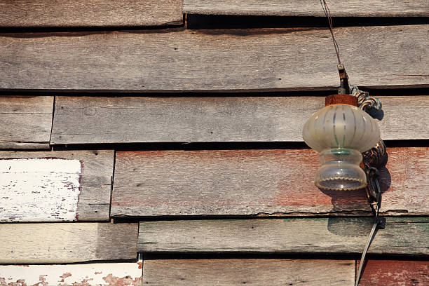 istock vintage lamp on wooden panel wall 615478794