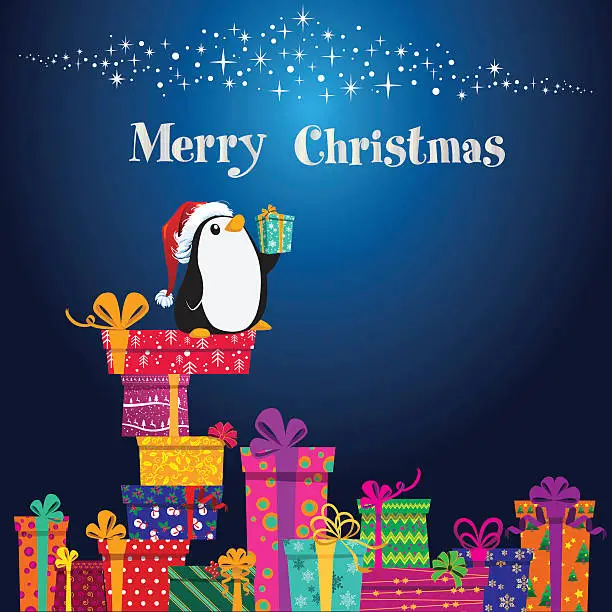 Vector illustration of MERRY CHRISTMAS WITH PENGUIN