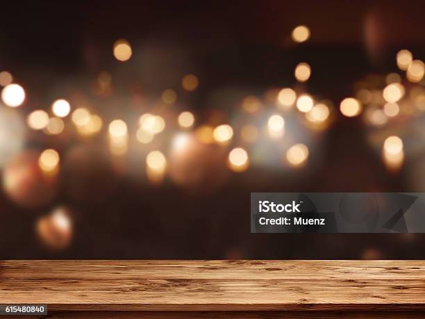 Festive Background In Front Of Empty Table Stock Photo - Download Image Now - Christmas, Table, Backgrounds