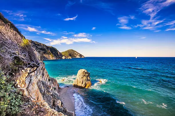 Rock in a blue sea. Sansone beach. Elba island. Tuscany, Italy, Europe