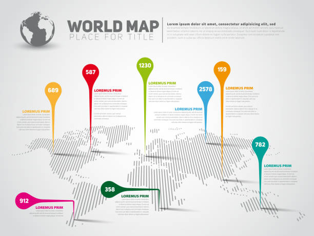 einfache weltkarten-infografikvorlage mit zeigermarkierungen - world location stock-grafiken, -clipart, -cartoons und -symbole