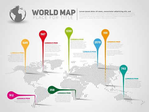 Simple World map infographic template with pointer marks, dark vector version