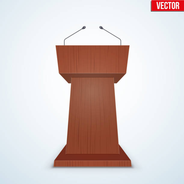 istock Wooden Podium Tribune with Microphones 615483878