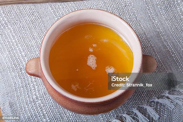 Clay Pot With Ghee And Spoon On Linen Napkin Stock Photo - Download Image Now - Bakery, Burlap, Cheese