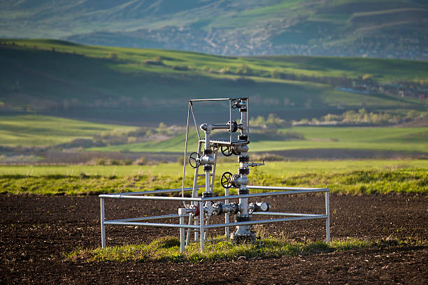 Natural gas wellhead Natural gas wellhead in a meadow of green grassland field latch photos stock pictures, royalty-free photos & images