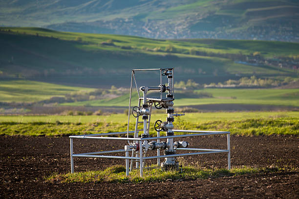 Natural gas wellhead Natural gas wellhead in a meadow of green grassland field oil wellhead stock pictures, royalty-free photos & images