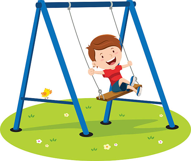 netter junge spielt auf schaukel - swing stock-grafiken, -clipart, -cartoons und -symbole