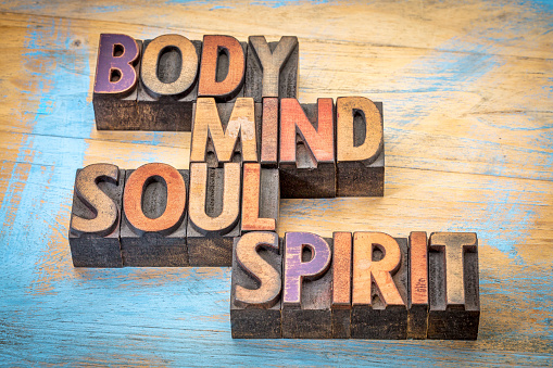 body, mind, soul and spirit word abstract -text in vintage letterpress  wood type printing blocks against grunge wood