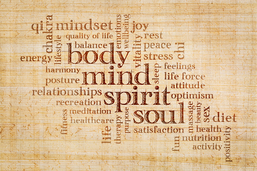 mind, body, spirit and soul concept  - word cloud on a papyrus paper