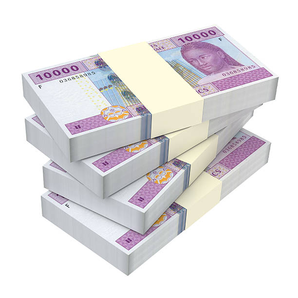 Central African CFA francs isolated on white background. Computer generated 3D photo rendering. french currency stock pictures, royalty-free photos & images