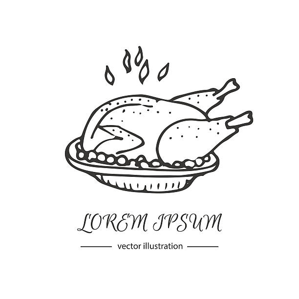 набор иконок день благодарения - cooked chicken sketching roasted stock illustrations