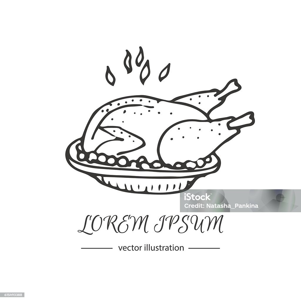 Thanksgiving icons set Hand drawn doodle Thanksgiving roasted turkey icon. Vector illustration autumn holiday symbol collection. Cartoon celebration element: hot baked turkey on the plate, cranberry  sauce, fried chicken. Roast Chicken stock vector