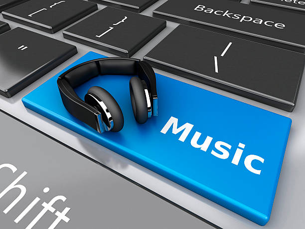 istock 3d Word music with headphones on computer keyboard. 615495398