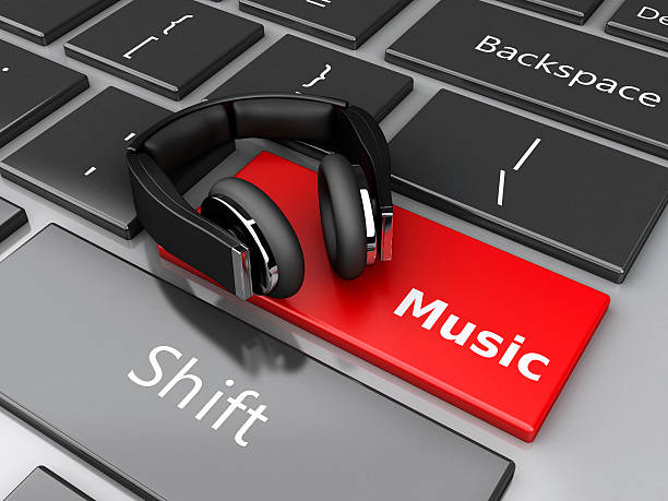 istock 3d Word music with headphones on computer keyboard. 615495678