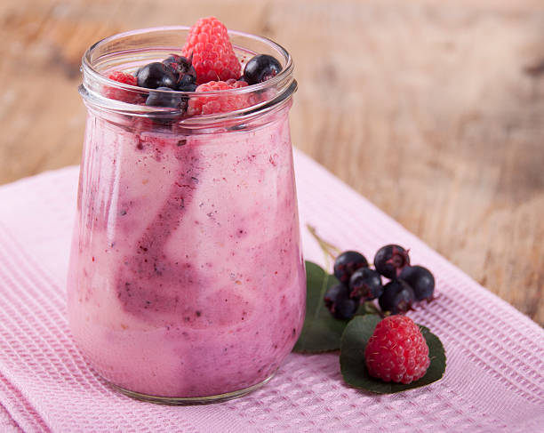 istock Smoothies of raspberry and shadberry with yogurt. 615499580
