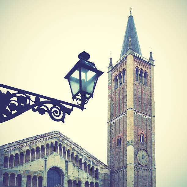 Bell tower of Cathedral (Duomo) in Parma, Italy. Retro style filtered image