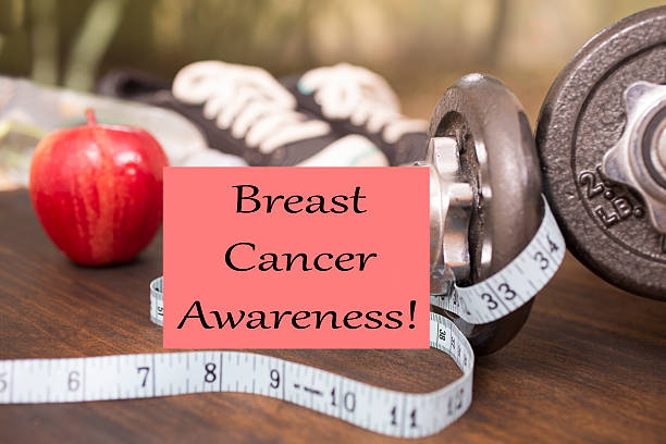istock Fitness, exercise themed scene with Breast Cancer Awareness note. 615499628