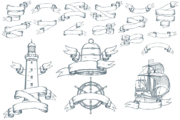 Set of vintage ribbons. Set of vintage ribbons with nautical illustrations. lighthouse drawings stock illustrations