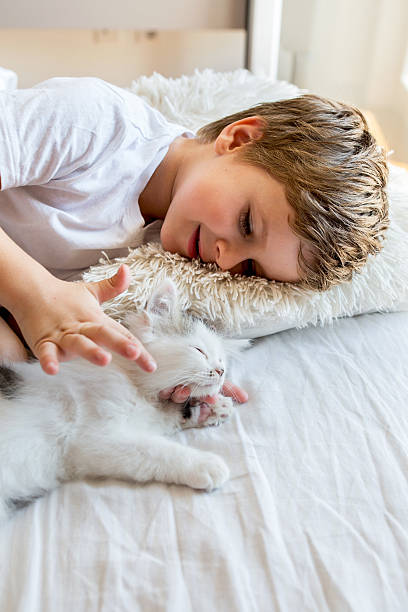 istock Affectionate boy relaxing on the bed with his kitten. 615500942