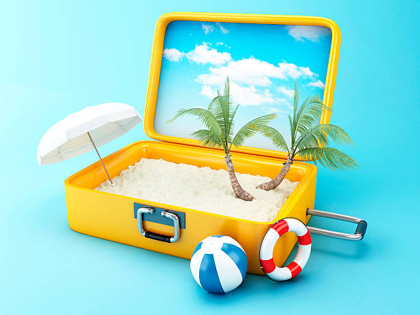istock Travel suitcase. beach vacation concept 615501252