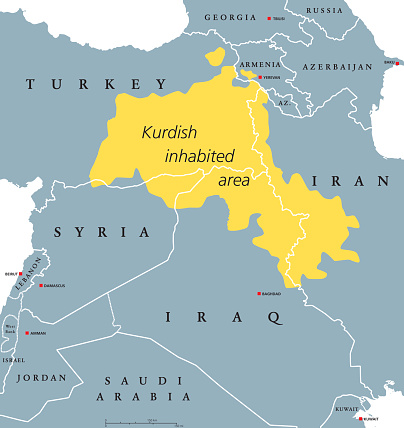 Kurdish-inhabited area political map. Kurdish lands, also Kurdistan. Cultural region wherein Kurdish people form a prominent majority. Parts of Turkey, Syria, Iraq, Iran and Armenia. English labeling.