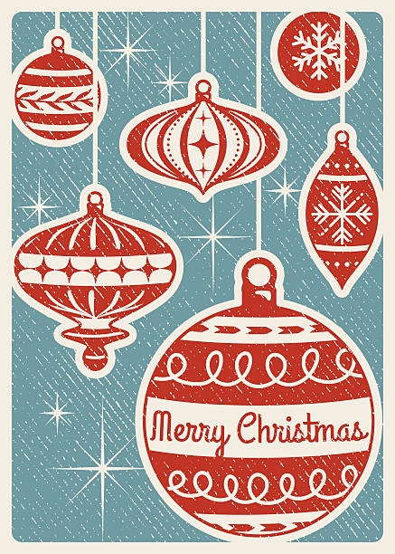 Retro Christmas Card With Ornaments and Copy Space Retro Christmas card with ornaments and text.  Illustrator file with live text paths is included and only free fonts are used. vintage ornaments stock illustrations