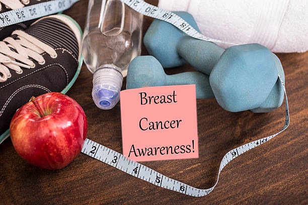 istock Fitness, exercise themed scene with Breast Cancer Awareness note. 615503838
