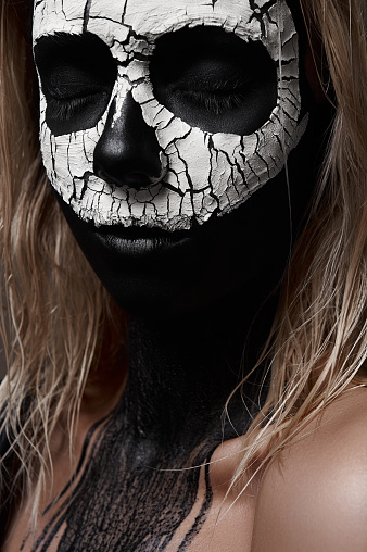 Halloween Ideas White Skull On Black Face Stock Photo - Download Image Now - Art And Craft - iStock