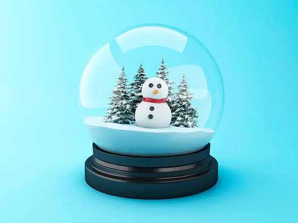 3d renderer image. Snowman in a snow dome. Christmas concept.
