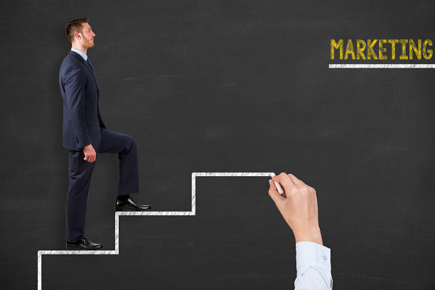 istock Marketing Stairs on Blackboard Background 615505996